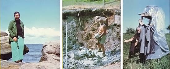 LEFT: A scenic outlook from the Carlsons' island. CENTER: Gus clearing the foundation area of the Carlson's future home. RIGHT: Gus in their field shower requesting a towel.